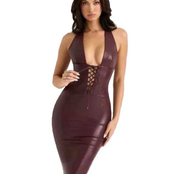 Wine Vegan Leather House of CB Jaquetta Dress Small
